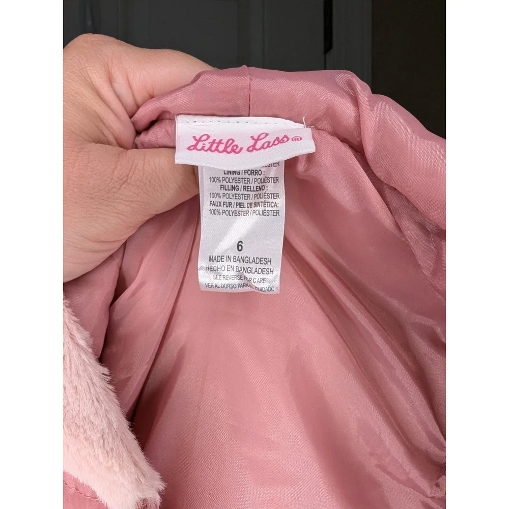 Little Lass Faux Fur Pink Quilted Hooded Puffer Vest With Bows Girl's Size 6 EUC